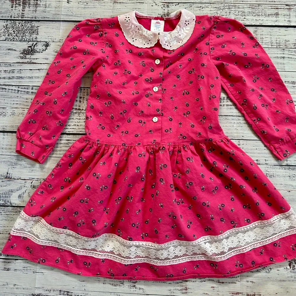 Vintage Pink Cottagecore Floral Cotton Kids Dress‎ 4-5y with lace